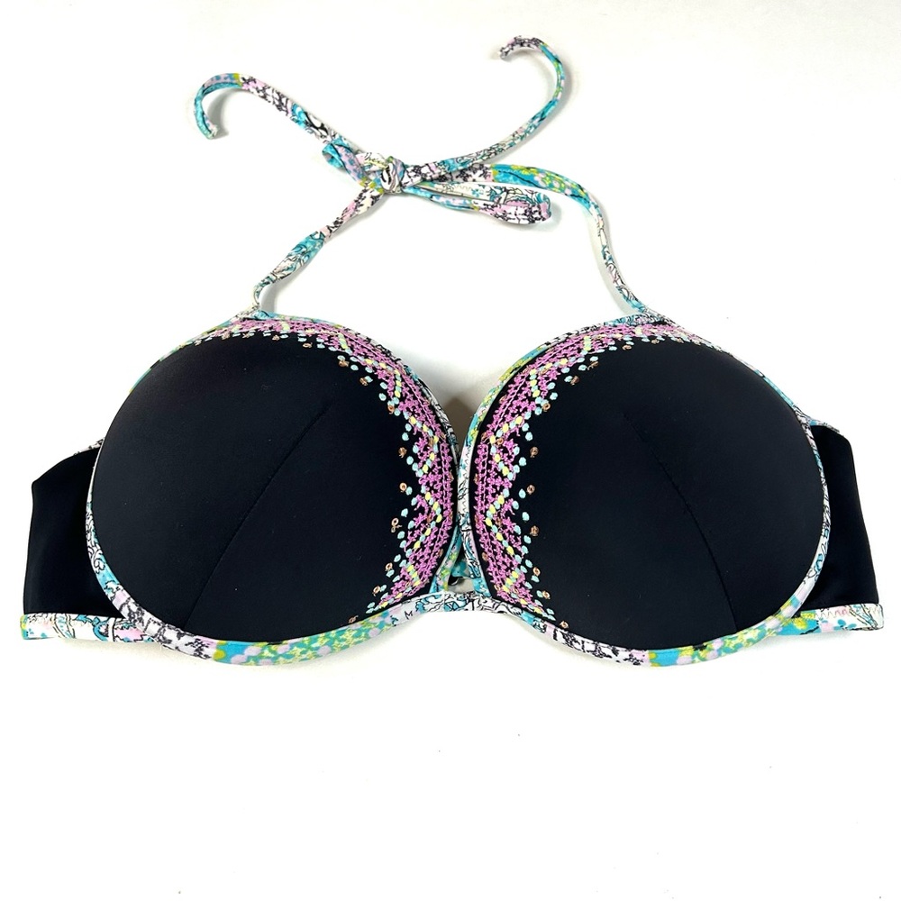 Y2K Victorias Secret 36D Hottie Halter Bikini Top Black Blue Underwire 8MU #3977